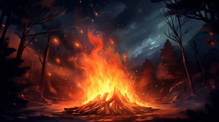 A roaring bonfire illuminating the night sky.