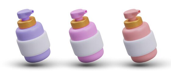 Set of bottles with dispensers of different colors. Pumps for liquid cosmetics. Mockups of plastic containers with blank white labels. Realistic objects, angled view