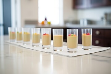 row of mousse glasses, focused on the front one
