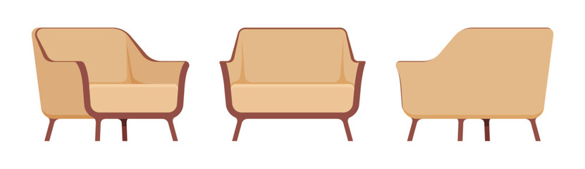 Soft fabric armchair beige set, club accent chair. Living, waiting room, lounge space, studio tufted upholstery. Vector flat style cartoon home, office furniture objects isolated on white background