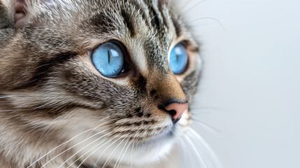 Cute young male cat with blue eyes in studio on white background
