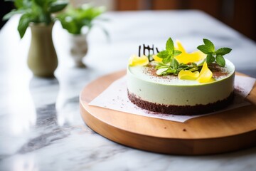 Obraz na płótnie Canvas whole raw vegan chocolate cheesecake with a mint leaf garnish