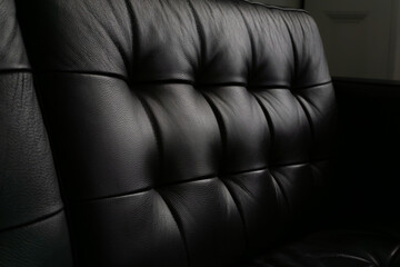 Luxurious black leather sofa with a classic button tufting