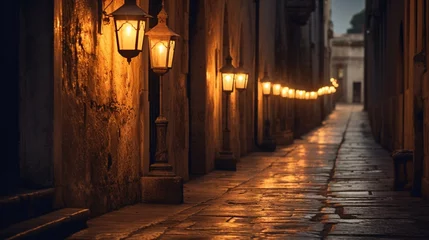 Poster Im Rahmen A row of antique lanterns casting warm light on a deserted alley at dusk © hassan