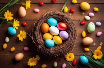 Fototapeta na wymiar Happy Easter composition. Easter eggs in basket on grey background. Colorful eggs background top view with copy space.