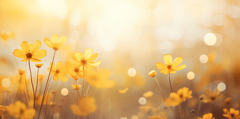 Yellow flowers with yellow background, in the style of lens flare, bokeh panorama, inspirational

