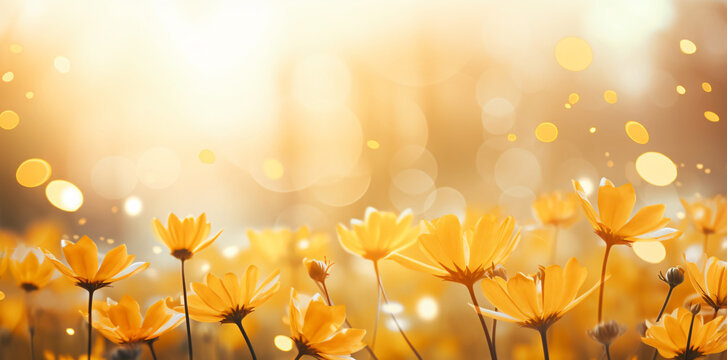 Yellow flowers with yellow background, in the style of lens flare, bokeh panorama, inspirational

