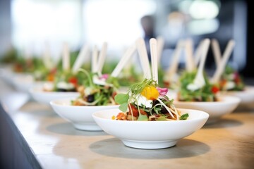 row of individual salad servings for a catering event