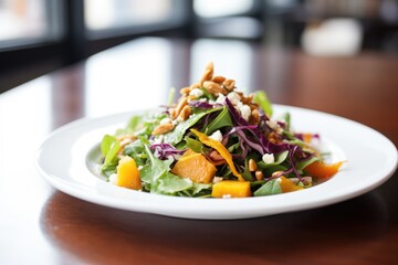 pan-roasted butternut squash salad with red cabbage, sunflower seeds, goat cheese crumbles