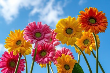 bouquet of gerberas from underneath, illustrating the contrast of their vivid colors with the bright spring sky 