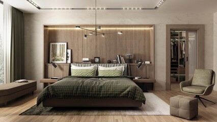 Modern and spacious bedroom in Japadi style - a combination of Scandinavian and Japanese design. The bright interior combines muted beiges, browns with wood. 3D illustration