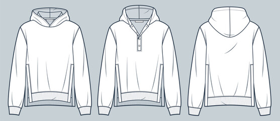  Hood Sweatshirt technical fashion illustration. Slit Hoodie fashion flat technical drawing template, side slit, button closure, relaxed fit, front, back view, white, women, men, unisex CAD mockup set © Liubov Hladka