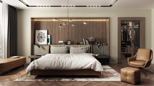 Modern and spacious bedroom in Japadi style - a combination of Scandinavian and Japanese design. The bright interior combines muted beiges, browns with wood. 3D illustration