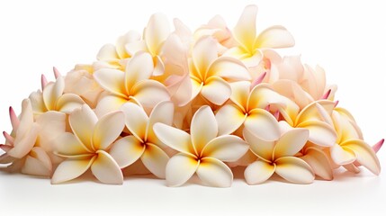 a pile of frangipani petals, their tropical blooms creating a vibrant and aromatic display against a clean and tranquil white background.