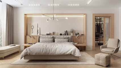 Fototapeta na wymiar Modern and spacious bedroom in Japadi style - a combination of Scandinavian and Japanese design. The bright interior combines muted beiges, browns with wood. 3D illustration