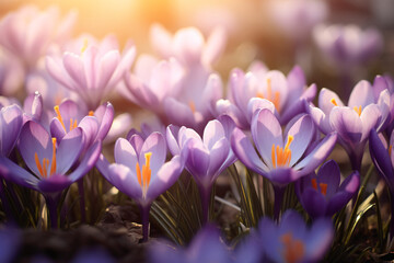 Purple crocus flowers with yellow stamens, in the style of vintage aesthetics, moody colors,...