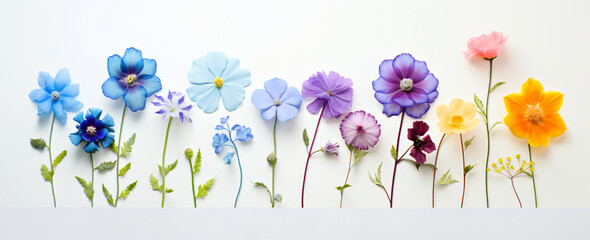 A series of wild flowers sit side by side on white background, in the style of pretty, purple and...