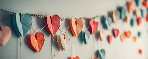 A handmade garland of colorful paper hearts on a white wall background. Valentine's Day, birthday, wedding, anniversary, party concept banner with copy space. Children's paper crafts with parents. - obrazy, fototapety, plakaty