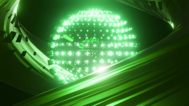 Psychedelic abstract bright disco ball seamless loop. Glowing green color. Seamless loop background. Dance party. 3d render for music performance. Seamless VJ loop animation