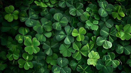 Green background with three-leaved shamrocks, Lucky Irish Four Leaf Clover in the Field for St. Patrick's Day holiday symbol.