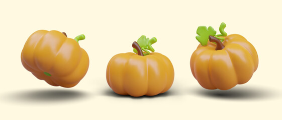 Set of realistic pumpkins in different positions. Front, top, bottom view. Illustration for autumn recipes. Seasonal vegetarian menu. Traditional vegetable for Halloween