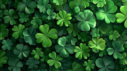 Green background with three-leaved shamrocks, Lucky Irish Four Leaf Clover in the Field for St. Patrick's Day holiday symbol.