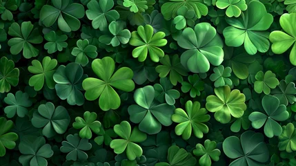 Foto op Plexiglas Green background with three-leaved shamrocks, Lucky Irish Four Leaf Clover in the Field for St. Patrick's Day holiday symbol. © Absent Satu