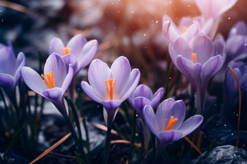Fototapeta premium Purple crocus flowers in the sun, in the style of moody colors, soft-focus portraits, light indigo and dark beige, intricate floral arrangements, konica big mini, close up, wimmelbilder