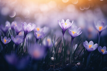 Purple crocus flowers in the sun, in the style of moody colors, soft-focus portraits, light indigo and dark beige, intricate floral arrangements, konica big mini, close up, wimmelbilder

