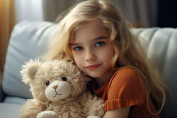 Portrait of a cute little girl with teddy bear at home
