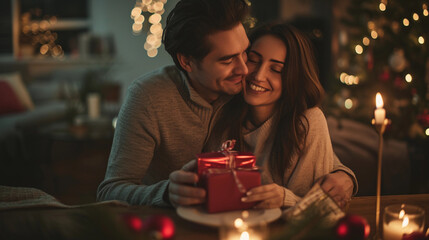 Young Couple Celebrating Anniversary or Valentine's Day with Romantic Dinner at Home. Man Giving Red Gift Box, Hugging Woman, Making Present Surprise in Candlelight