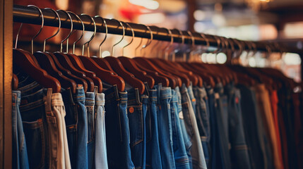 Many jeans hanging on a rack. Row of pants denim jeans hanging in closet. concept of buy , sell , shopping and jeans fashion . - obrazy, fototapety, plakaty