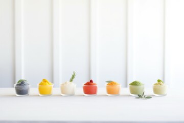 row of assorted sorbet flavors in small bowls - obrazy, fototapety, plakaty