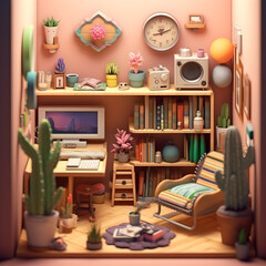 Cute bedrooms with desktop interior 3D Render, 
Kids bedrooms interior 3D Render