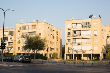 Houses on pillars in Israel. Streets of Bat Yam, Israel