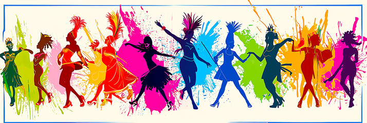 Illustration of a series of colorful silhouettes of carnival dancers - obrazy, fototapety, plakaty