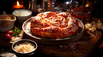 Pretzel with cabbage and mozzarella cheese on wooden table. - obrazy, fototapety, plakaty