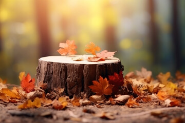 Naklejka na ściany i meble A tree stump amid colorful autumn leaves.