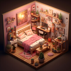 Cute bedrooms with desktop interior 3D Render, 
Kids bedrooms interior 3D Render