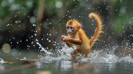 Golden monkey playing in the water - obrazy, fototapety, plakaty
