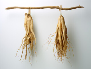 two dried ginseng roots hanging on a white background, in the style of strong facial expression created with Generative Ai - obrazy, fototapety, plakaty