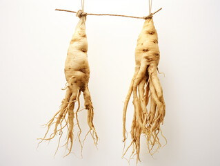 two dried ginseng roots hanging on a white background, in the style of strong facial expression created with Generative Ai