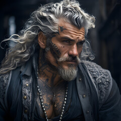 Naklejka premium Handsome middle aged pirate with tattoos and long gray hair. Confident, charismatic and cool looking