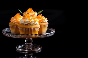 Cupcake on a glass stand on a dark background 