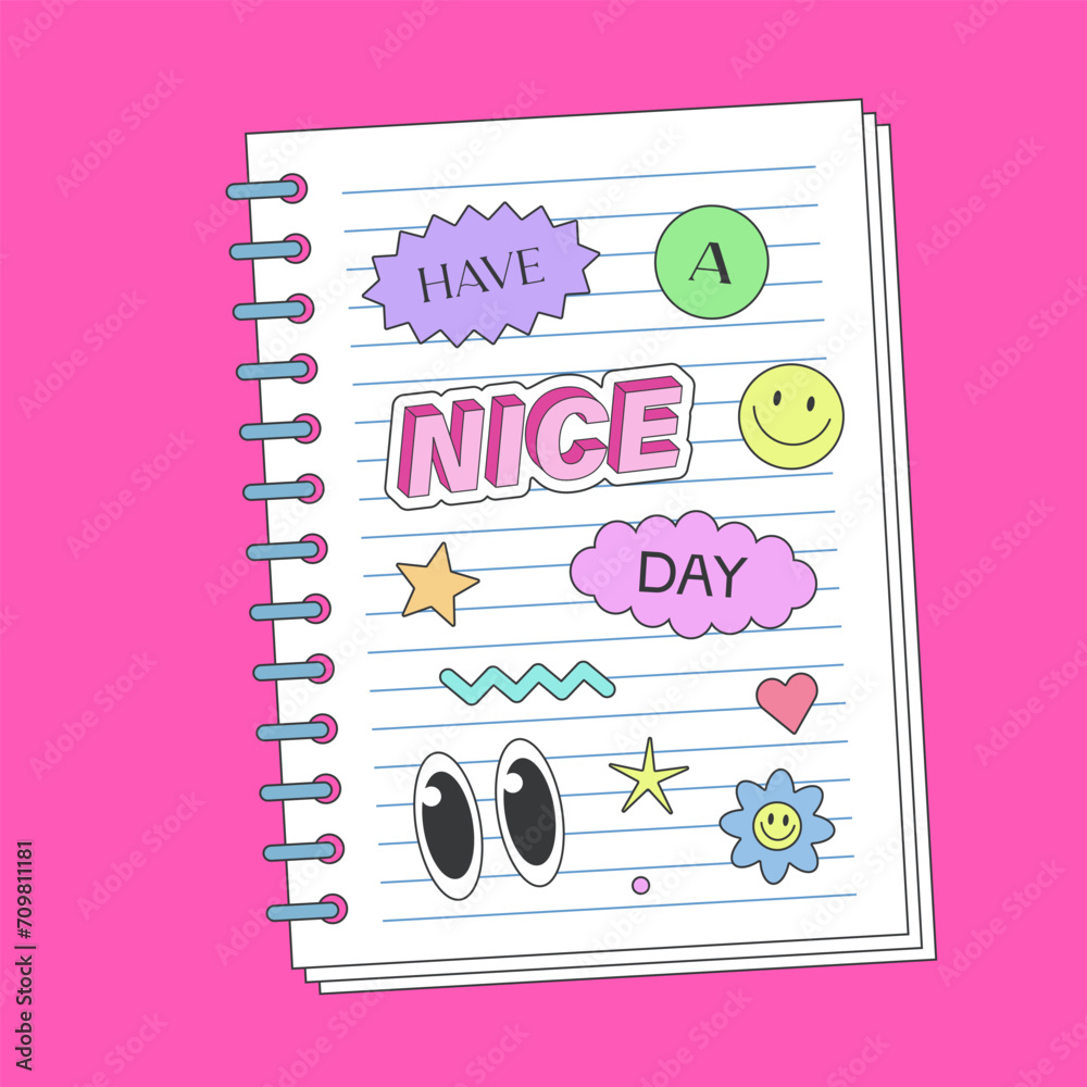 Aufkleber cute y2k notebook paper page template. cool note with pop art stickers. kawai patches illustration. 