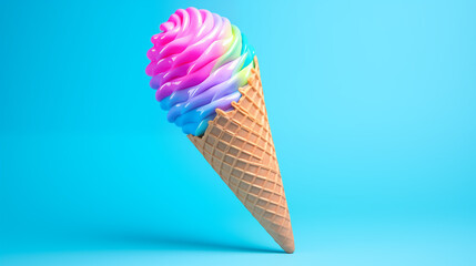 ice cream cone with colorful frosting 3d render on blue background