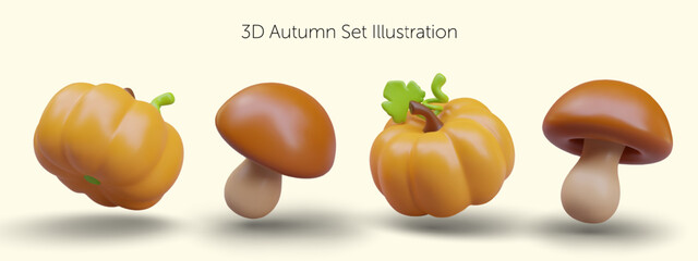 Set of autumn realistic objects. Pumpkin and mushroom in different positions. Ingredients for seasonal vegetarian menu. Organic concept. Bright decorative web elements