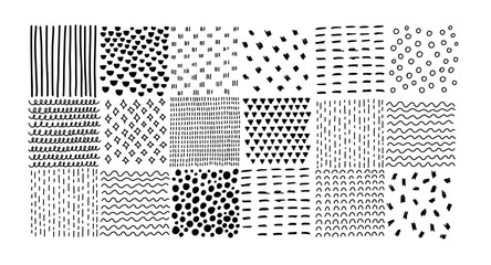 Hand drawn line texture set. Vector scribble, horizontal, and wave strokes collection. Doodle shapes. Trendy illustration. Graphic vector freehand textures set. Ink lines isolated on white background.