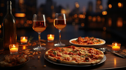 Obraz na płótnie Canvas Classic pizza in restaurant at balcony. Evening lights