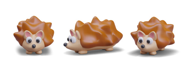 Collection with hedgehog in different position in brown colors. Cute cartoon little animal on white background with shadow. Vector illustration in 3d style